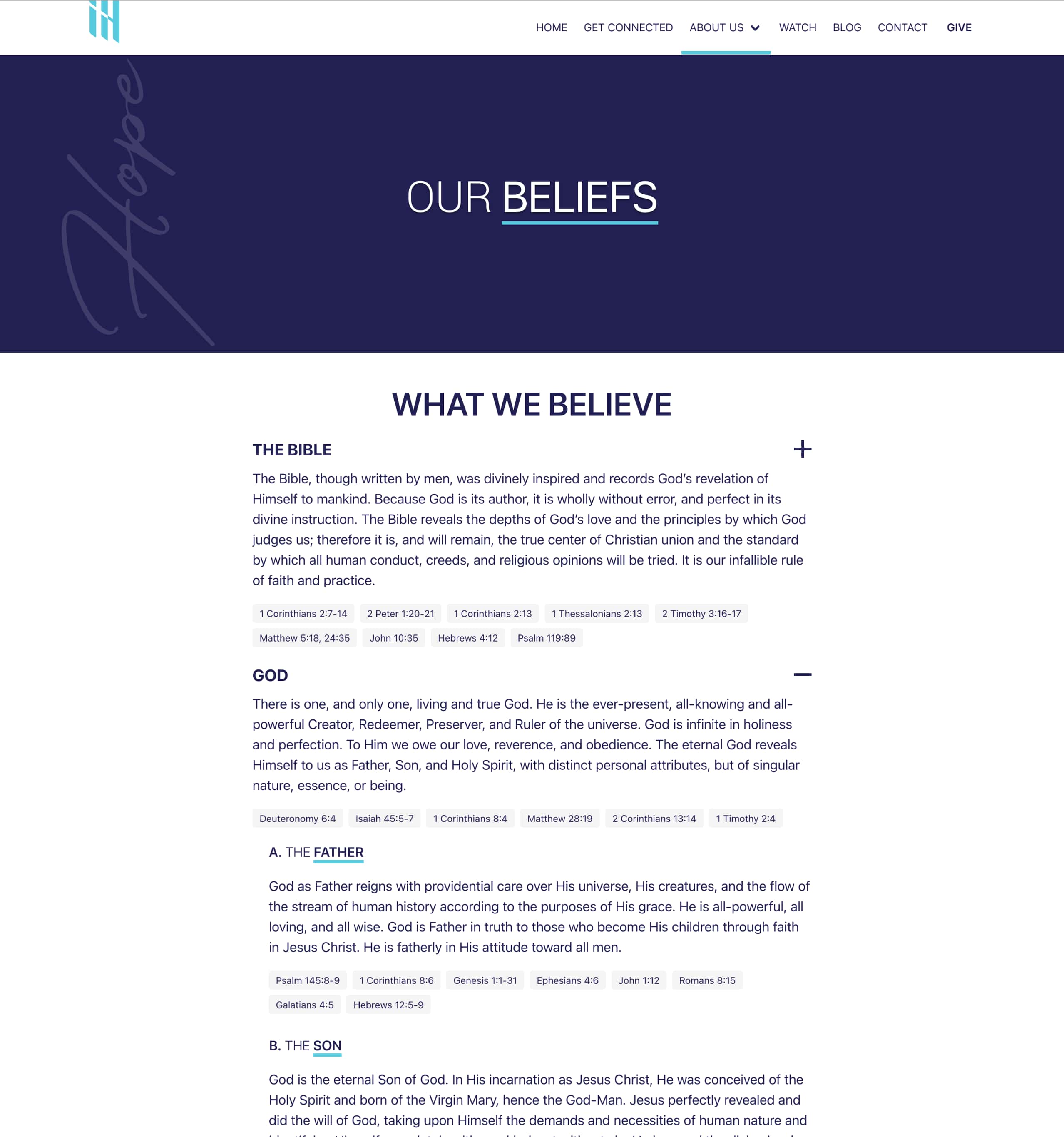 Inspiring Hope Church's Beliefs page