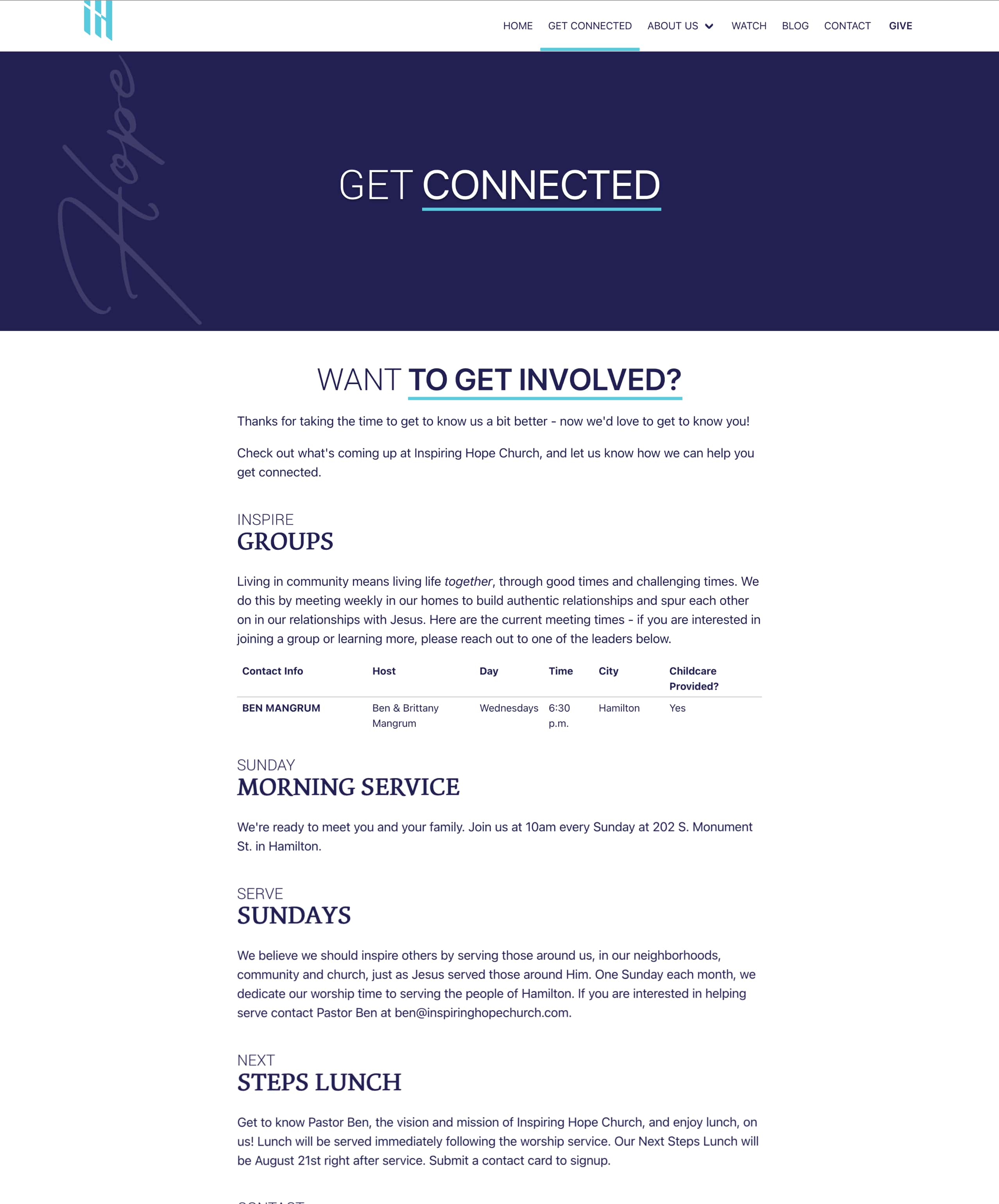 Inspiring Hope Church's Get Connected page