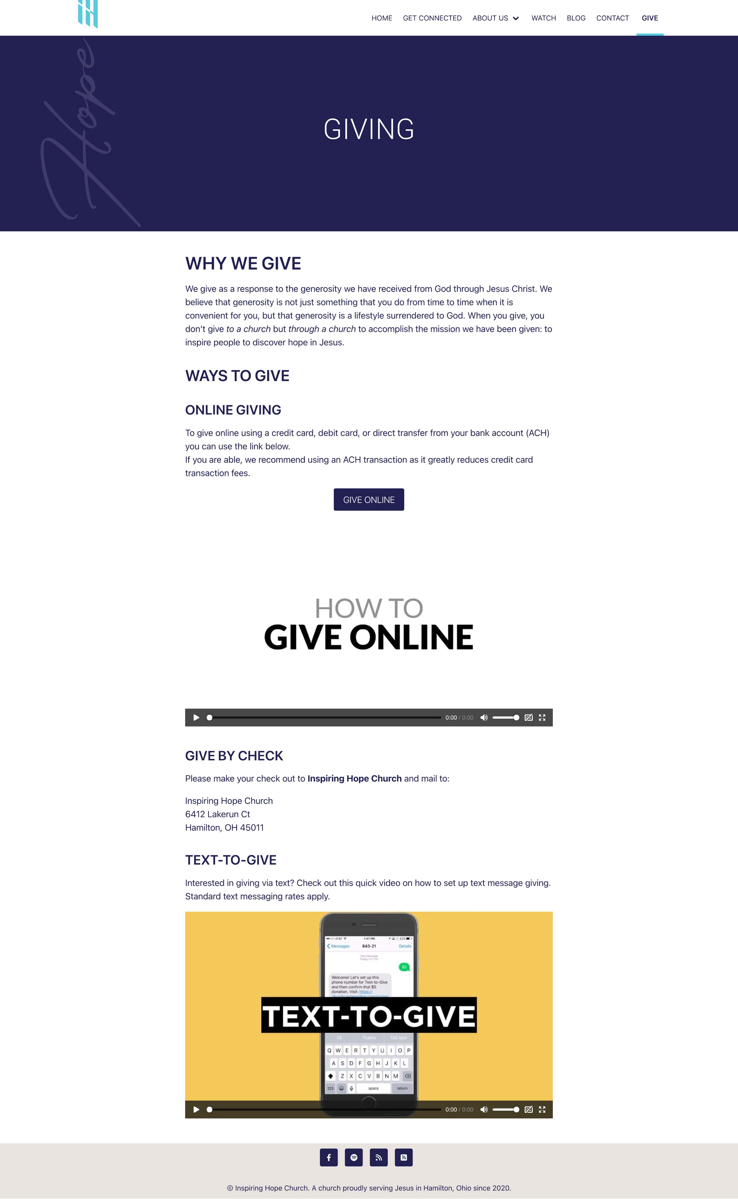 Inspiring Hope Church's giving page