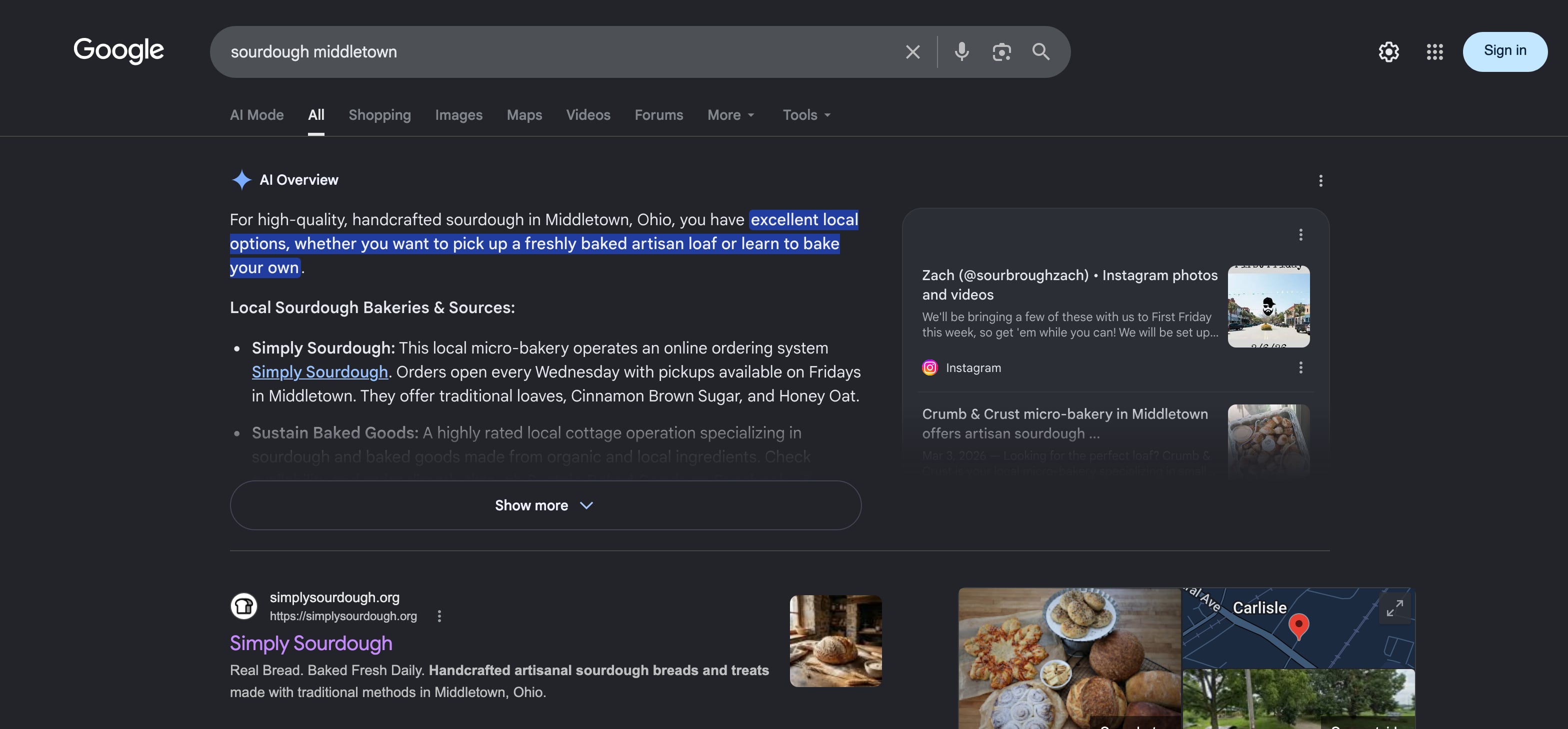 Google search for 'sourdough middletown' showing Simply Sourdough in the AI Overview
